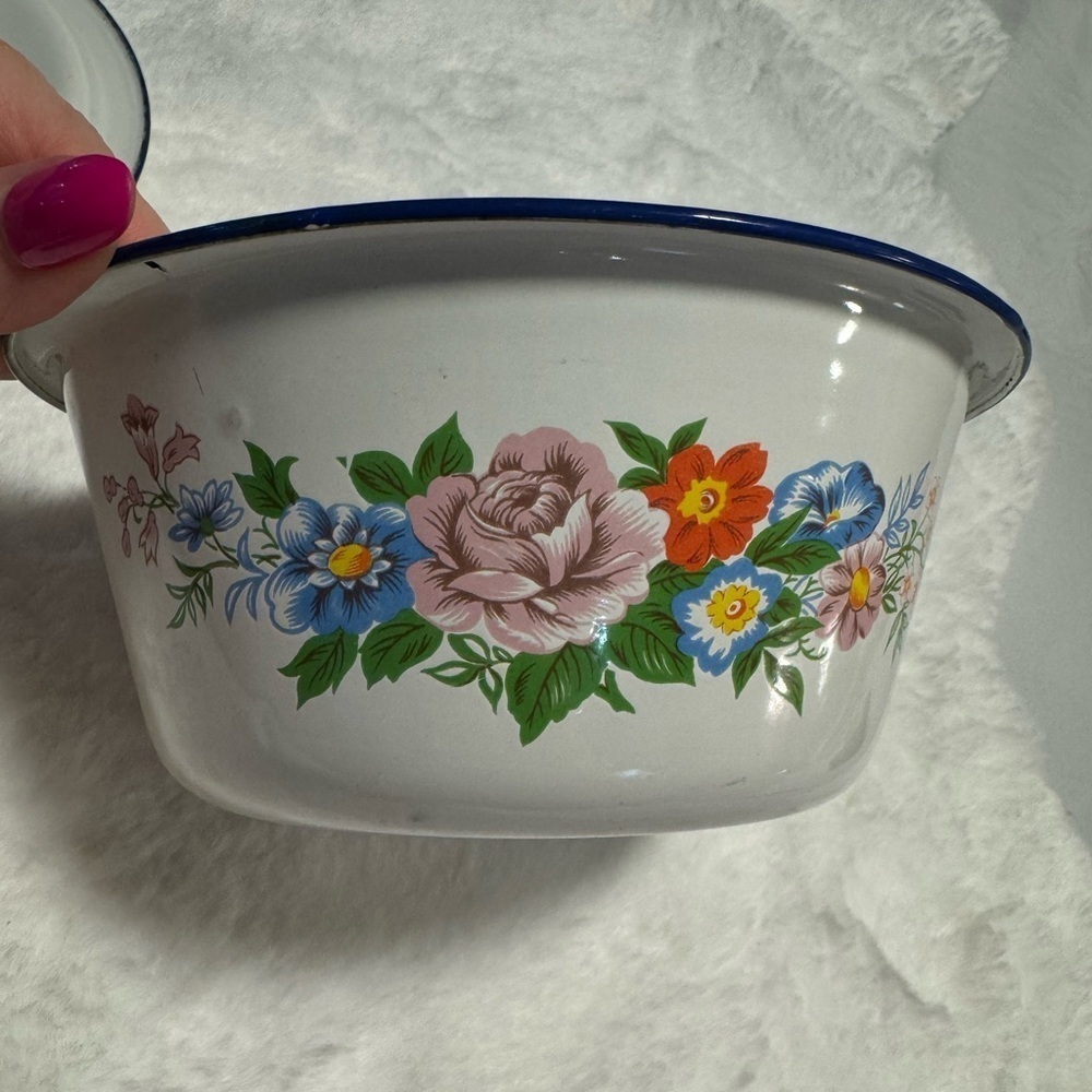 VTG Floral Metal Enamelware Lidded Pot Bowl Cottagecore Butterfly Brand MCM